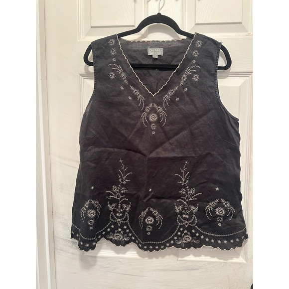 Oh Tops - Oh Ma Maternity Sleeveless Embroidered Eyelet Scallop Hem Blouse Black XL